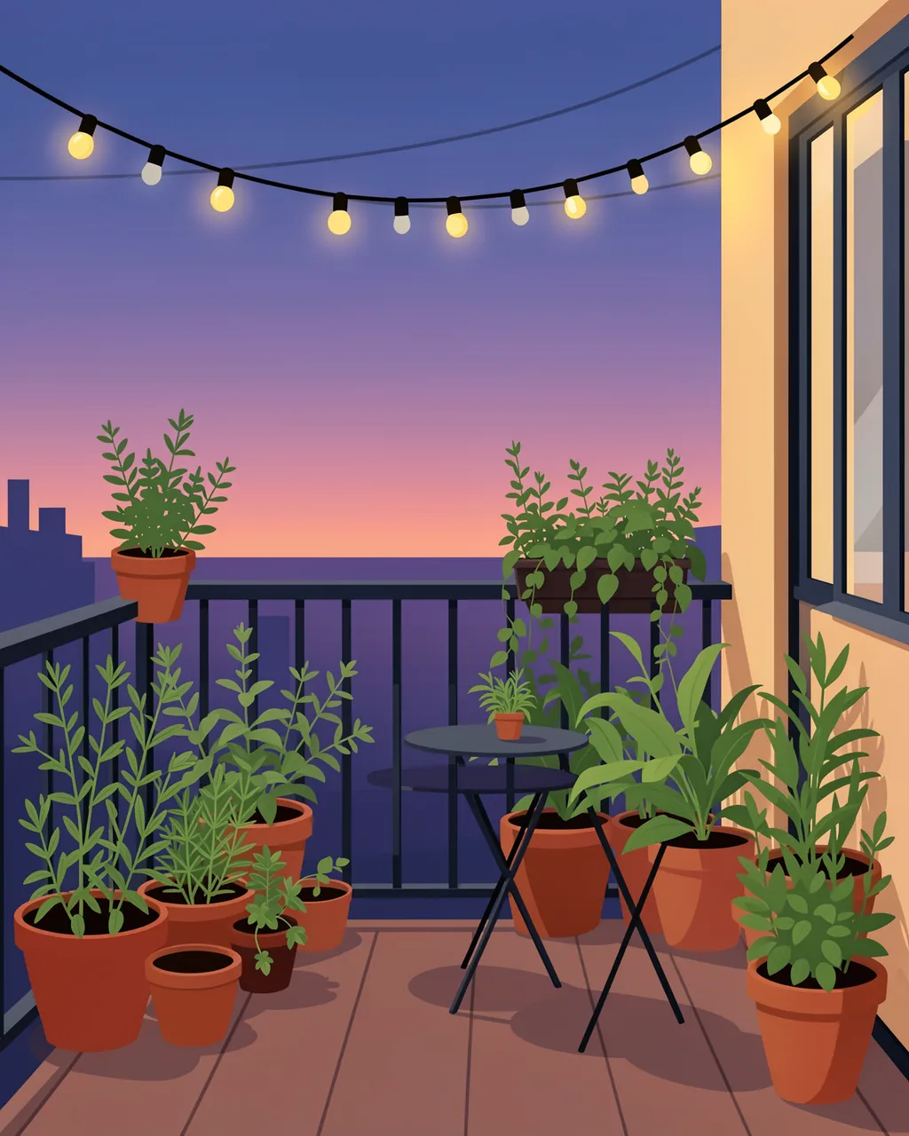 Cozy apartment balcony with potted herbs, a small table and glowing string lights at sunset