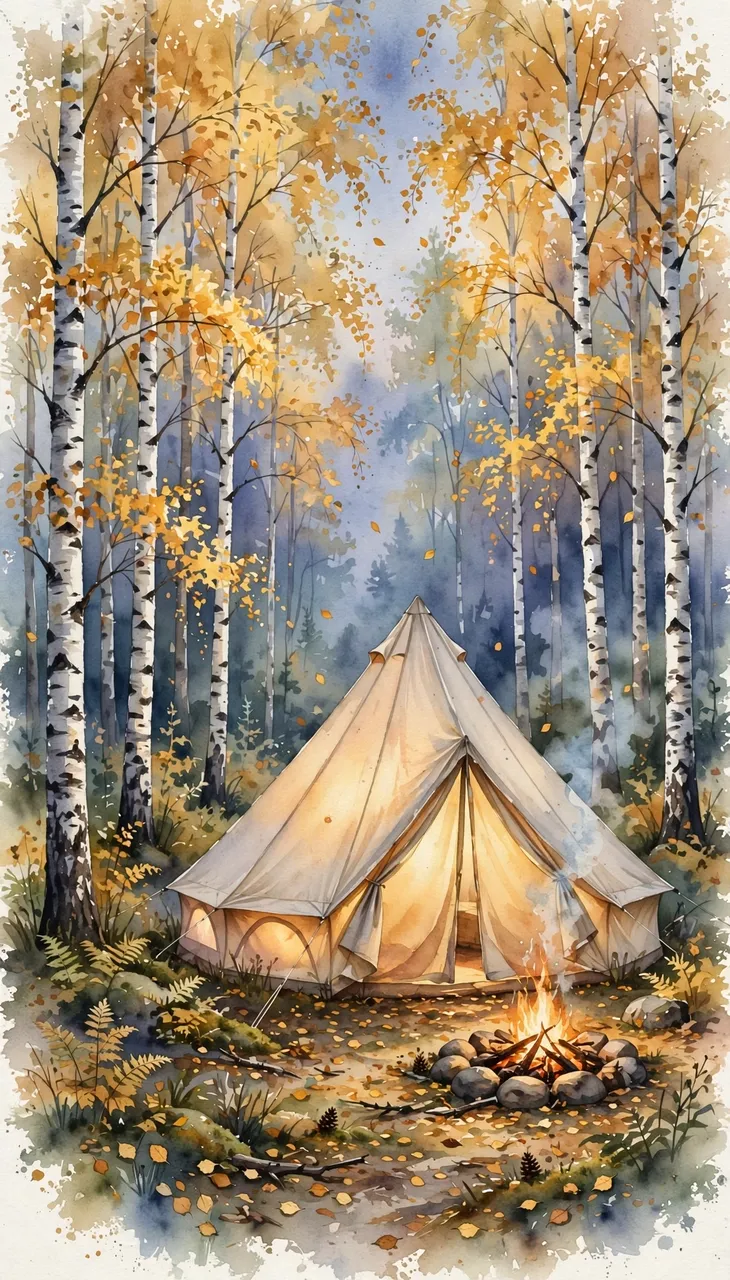 Glowing canvas bell tent sits beside a small campfire in an autumn golden birch forest at dusk