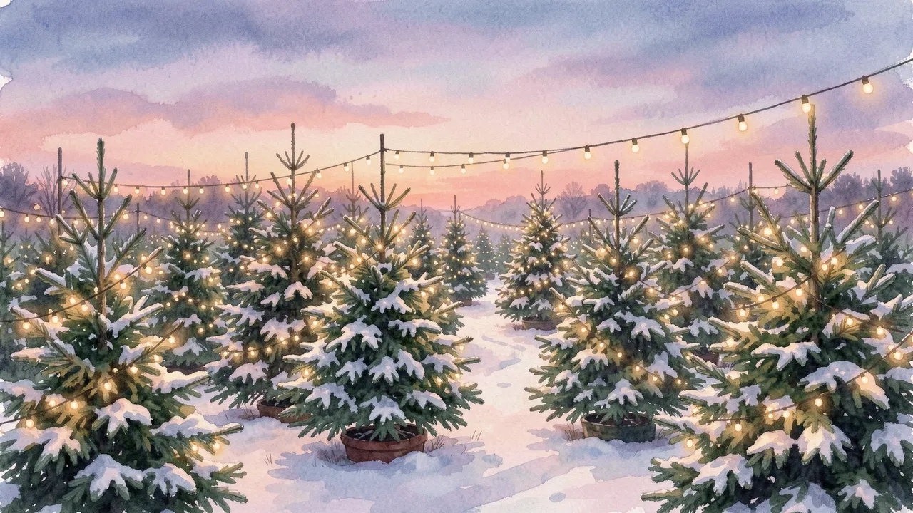 Snow-dusted fir trees with warm string lights line a Christmas tree farm at pastel dusk