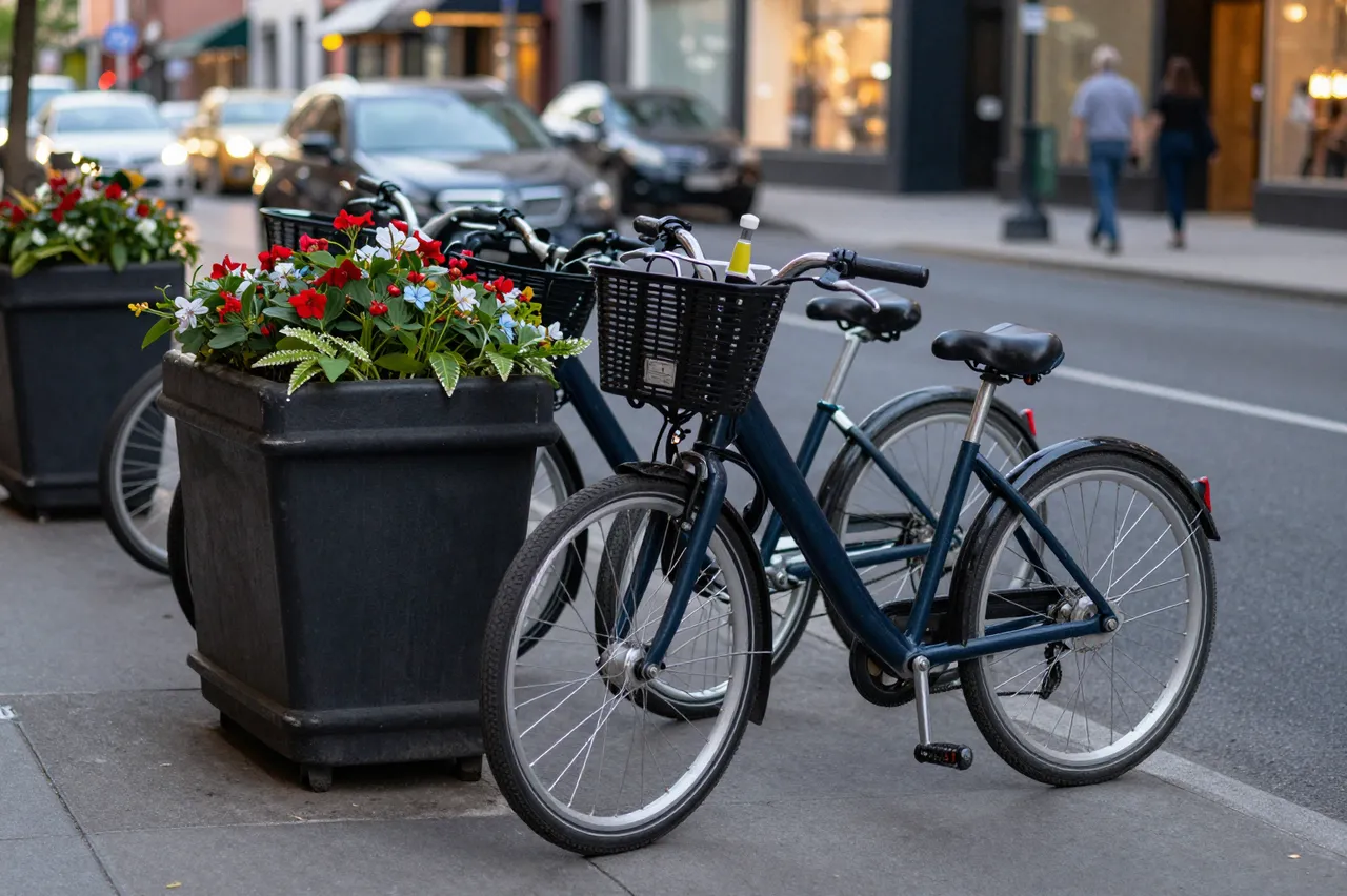 Parked bicycles next to flower planters on an urban city sidewalk at dusk
