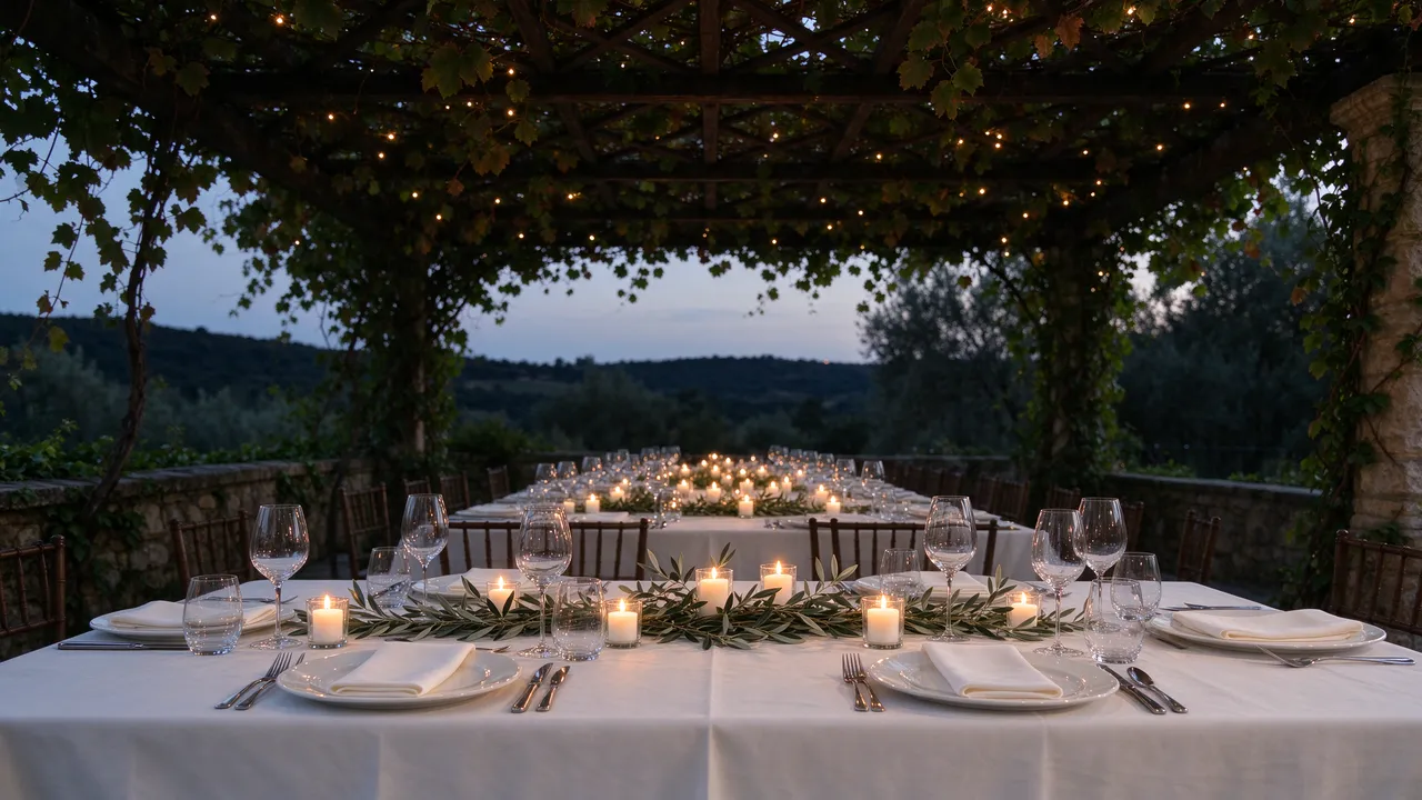 Set long dining tables with candles and olive branches sit under a vine-covered pergola at twilight