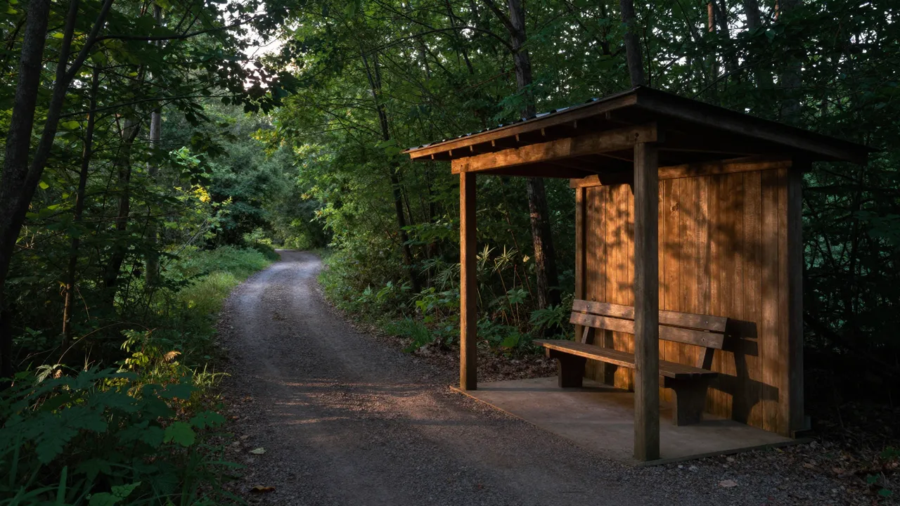 Warm last light illuminates a wooden trail shelter with a bench beside a gravel forest path at dusk