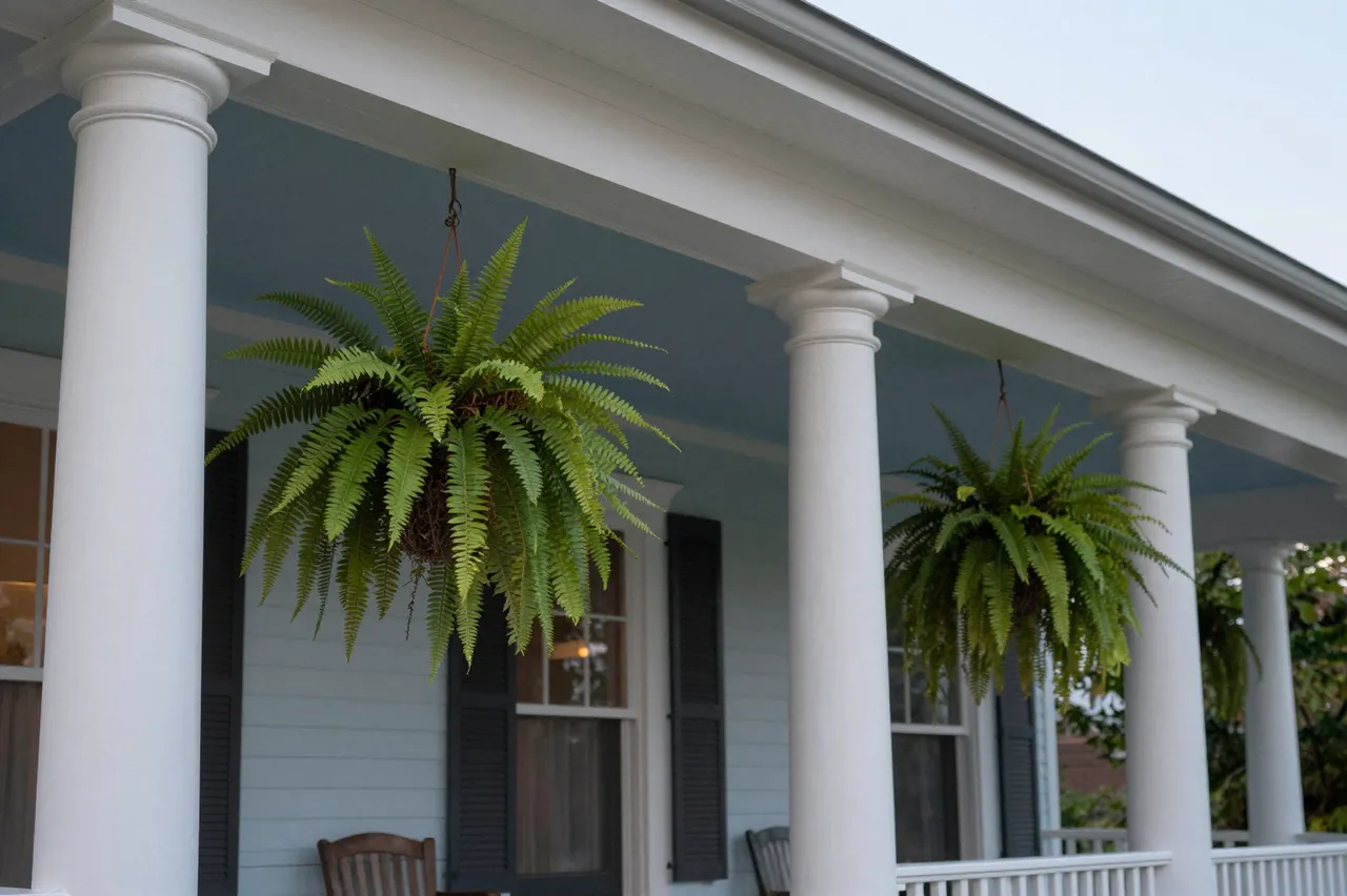A deep residential front porch with pale blue ceiling, white columns and hanging ferns at twilight