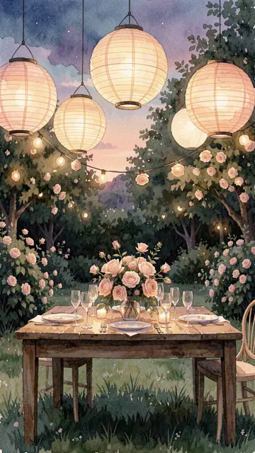 Watercolor illustration of an outdoor garden party table set with blush roses and glowing paper lanterns at twilight