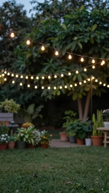 Warm glowing string lights hang over a potted plant filled backyard garden at twilight