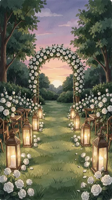 Gouache illustration of a garden wedding aisle lined with lanterns and white roses leading to a floral arch at sunset