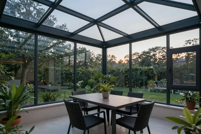 A glass enclosed sunroom with a dining table, wicker chairs and potted plants overlooks a backyard at dusk