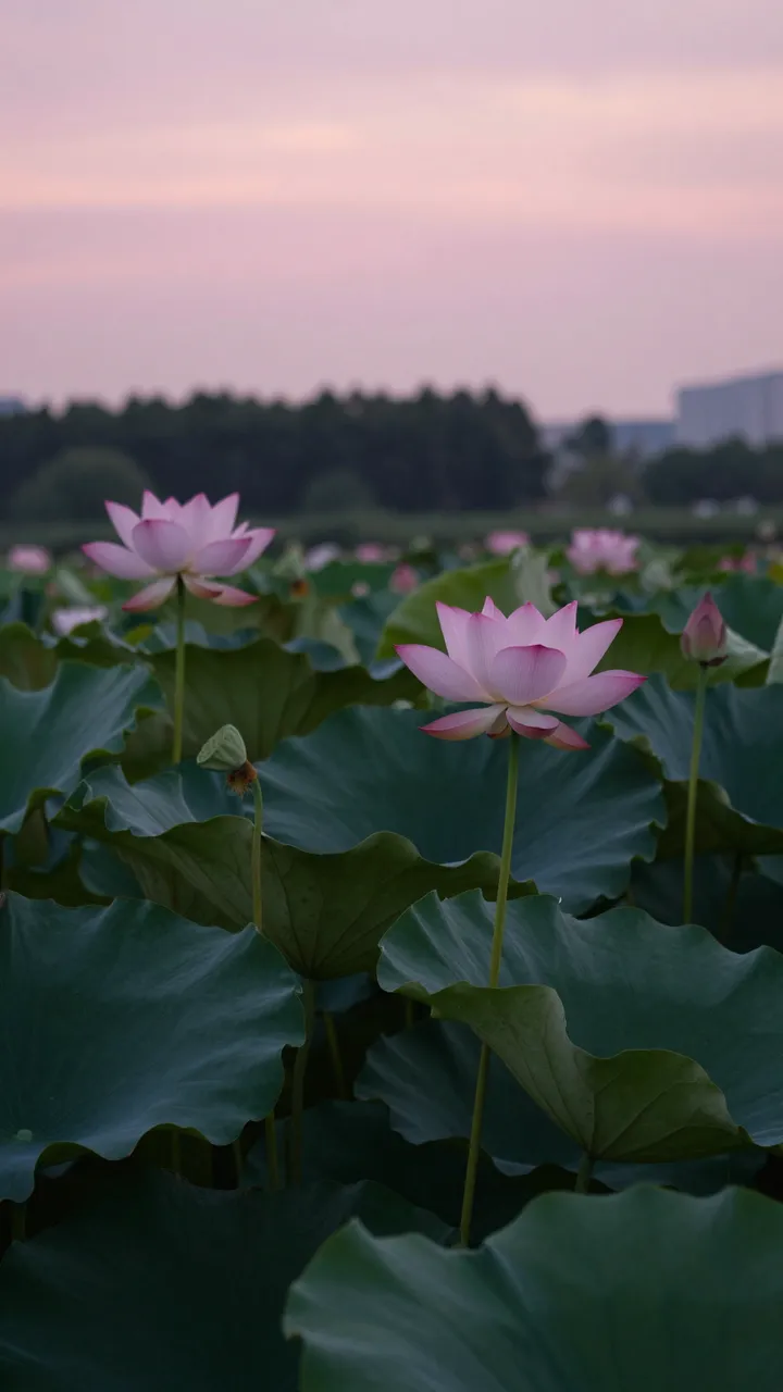 Pink lotus blooms and broad green lily pads fill a pond beneath a soft pink dusk sky