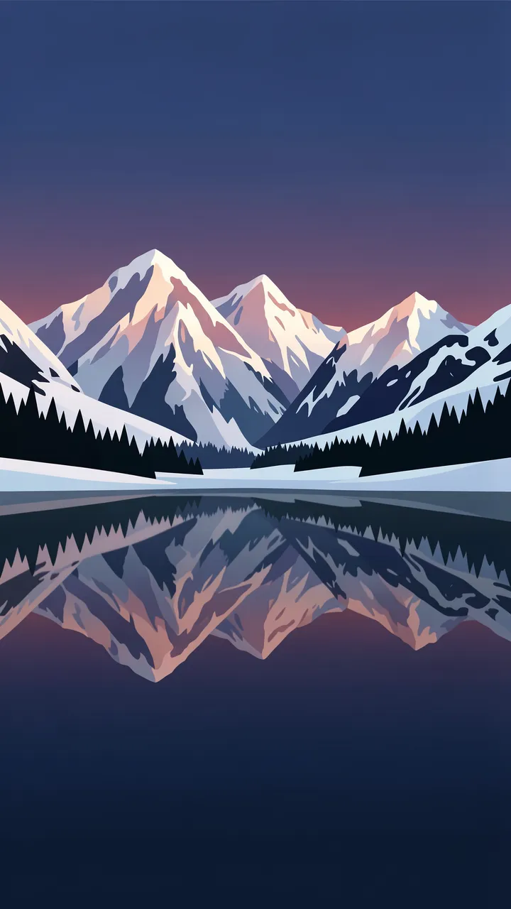 Flat vector illustration of snow-capped mountains reflected in a still dark alpine lake at twilight.