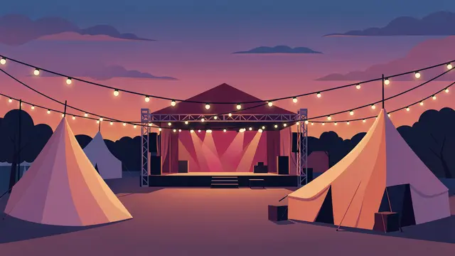 Empty outdoor music festival site with stage, tents and glowing string lights at sunset