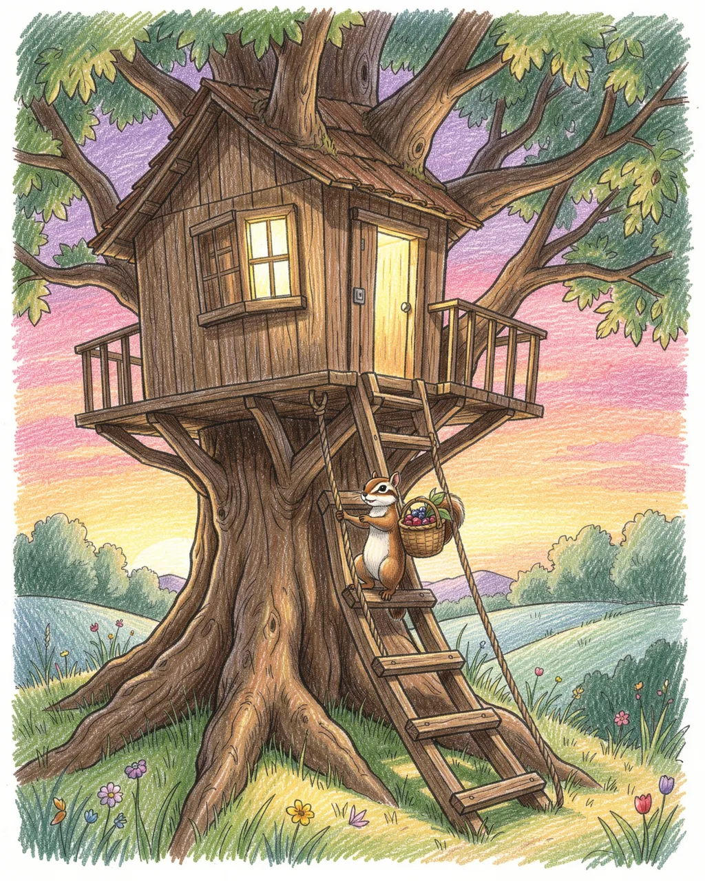 Colored pencil illustration of a chipmunk carrying a berry basket up a treehouse ladder at sunset