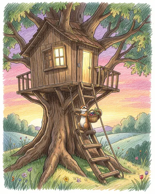 Colored pencil illustration of a chipmunk carrying a berry basket up a treehouse ladder at sunset