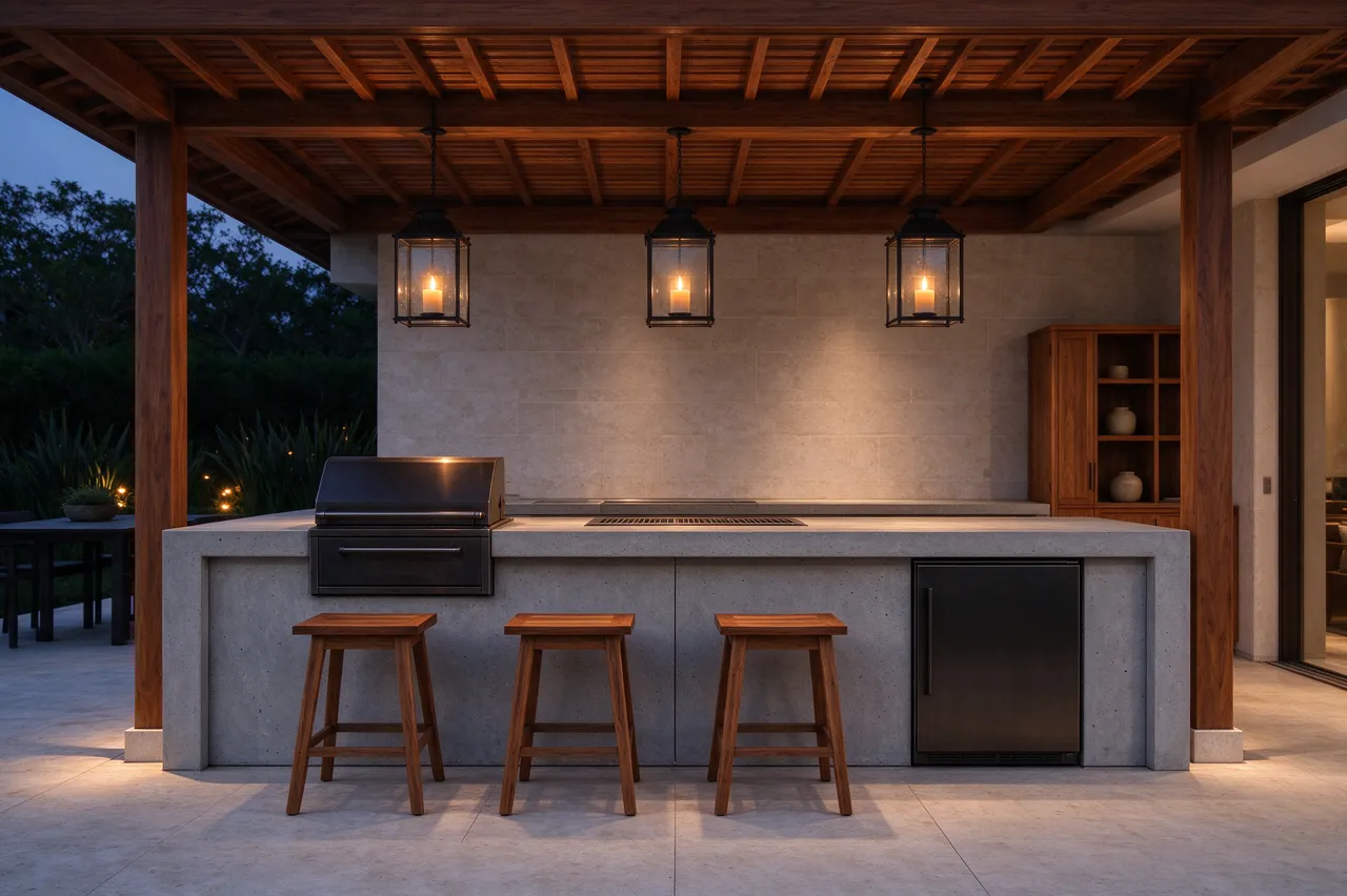 Lit pendant lanterns hang over a concrete outdoor kitchen counter with teak stools at twilight