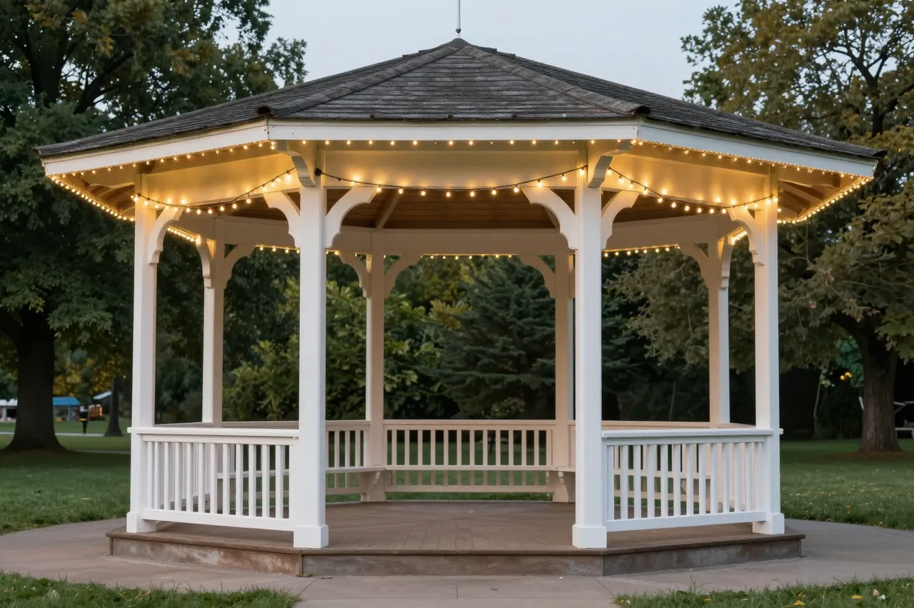 White wooden park bandstand wrapped in warm string lights stands empty at twilight surrounded by trees