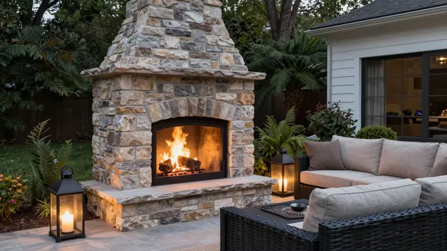 Outdoor patio at dusk featuring a lit stone fireplace, sectional sofa, and glowing lanterns beside a home