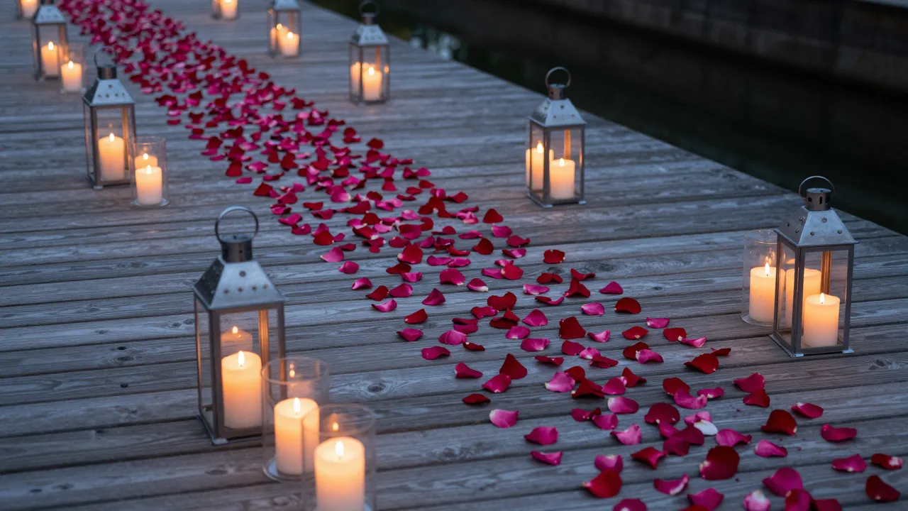 Lit candle lanterns line a rose petal path on a weathered wooden dock at dusk