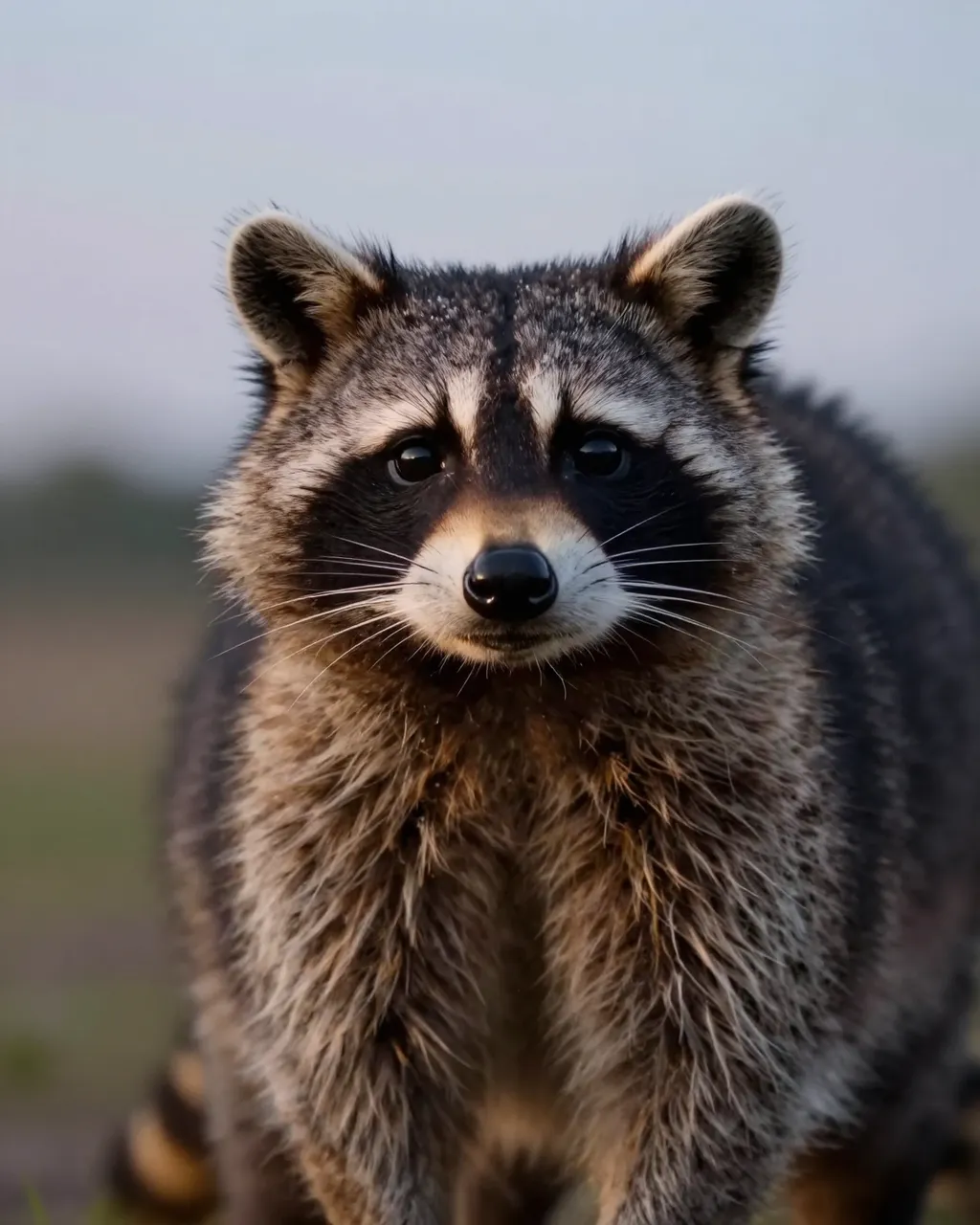 A close-up portrait of a raccoon looking directly at the camera in soft dusk light