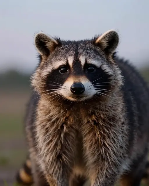 A close-up portrait of a raccoon looking directly at the camera in soft dusk light
