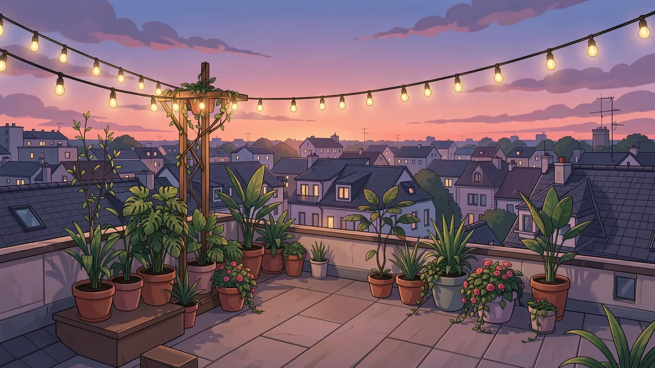 Anime-style rooftop garden with potted plants and glowing string lights overlooking a quiet town at sunset