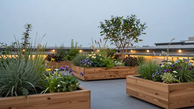 Rooftop garden with cedar planters, wildflowers and warm string lights at quiet dusk