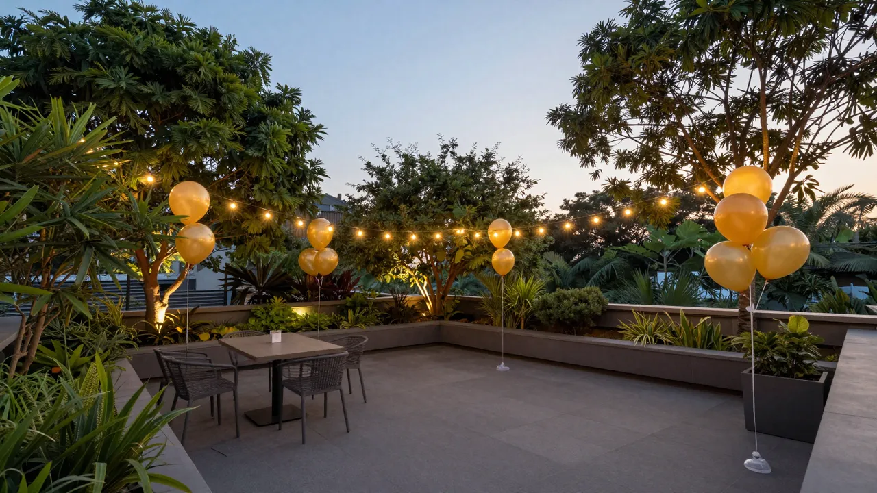 Decorated rooftop garden terrace with string lights and gold balloons at calm dusk, no people present