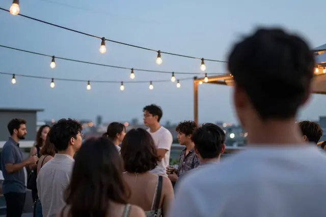 Group of adult socializing at a lit rooftop party as twilight falls over the distant city skyline