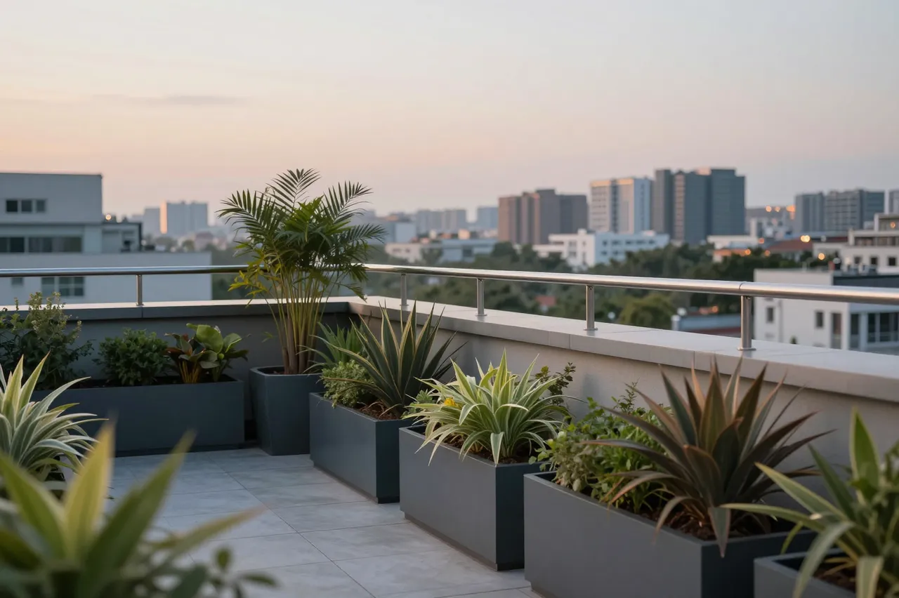 A modern rooftop terrace with potted plants overlooks a city skyline at soft dusk