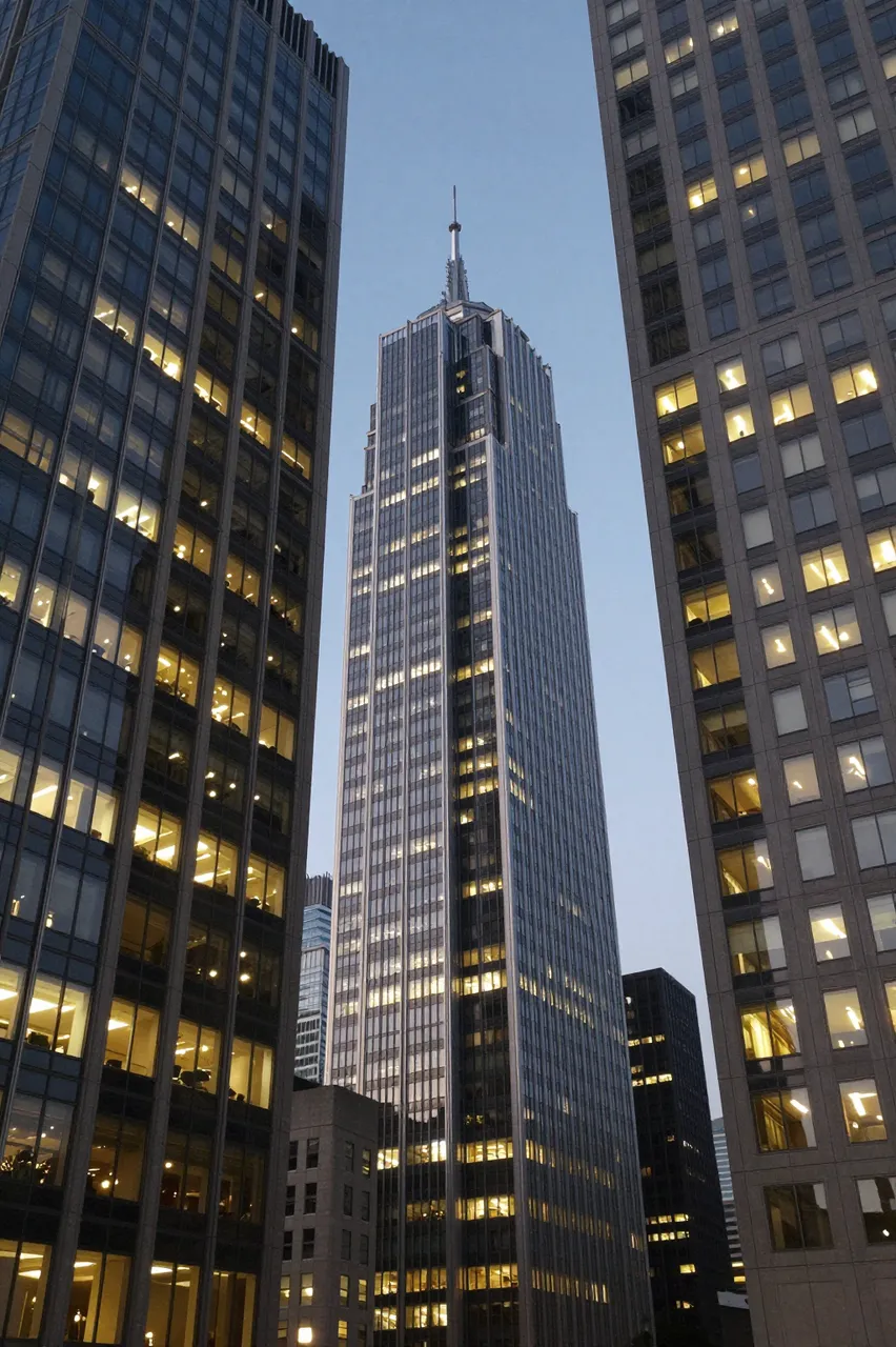 Low angle view looking up at lit office skyscrapers between two taller buildings at dusk
