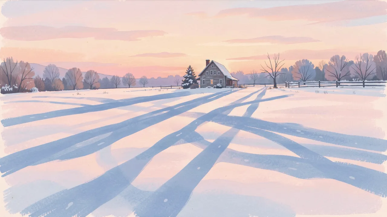 Soft pastel illustration of a lone farmhouse standing in a snowy field with long blue shadows at pastel dusk