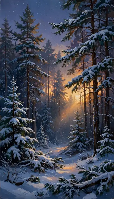 Warm golden dusk light filters through snow-covered pine trees in a quiet snowy forest with falling snowflakes