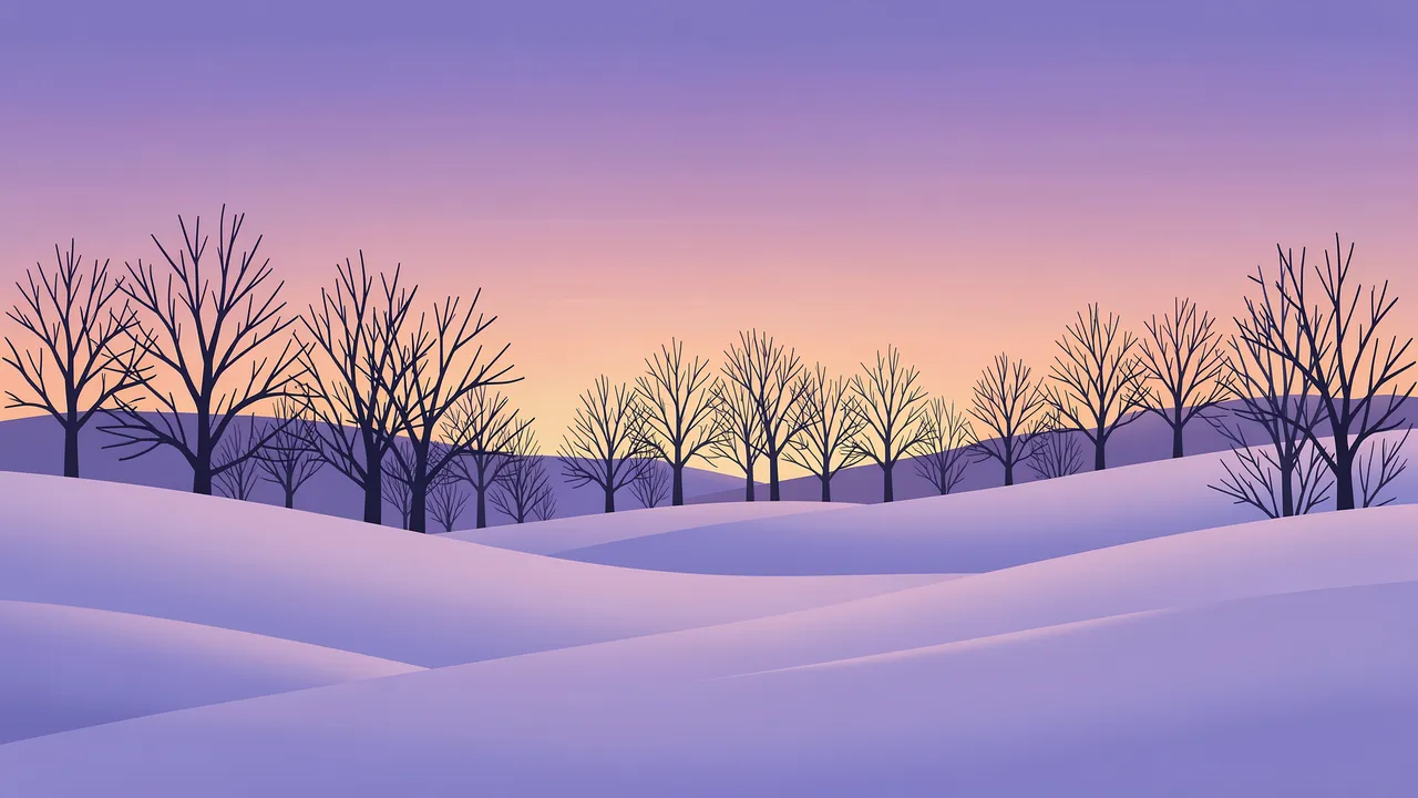 Flat vector winter landscape of rolling snowy hills with bare trees under a gradient violet and peach dusk sky