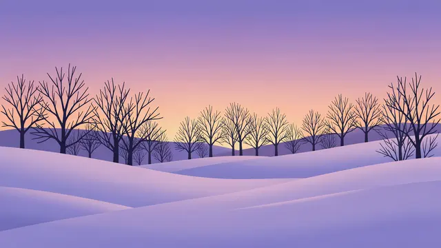 Flat vector winter landscape of rolling snowy hills with bare trees under a gradient violet and peach dusk sky