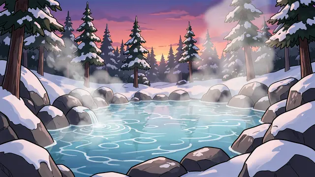 Steaming hot spring pool sits among snow-covered rocks and pine trees at colorful twilight