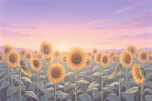 Pastel illustrated sunflower field beneath a soft violet and peach dusk sky with distant rolling hills