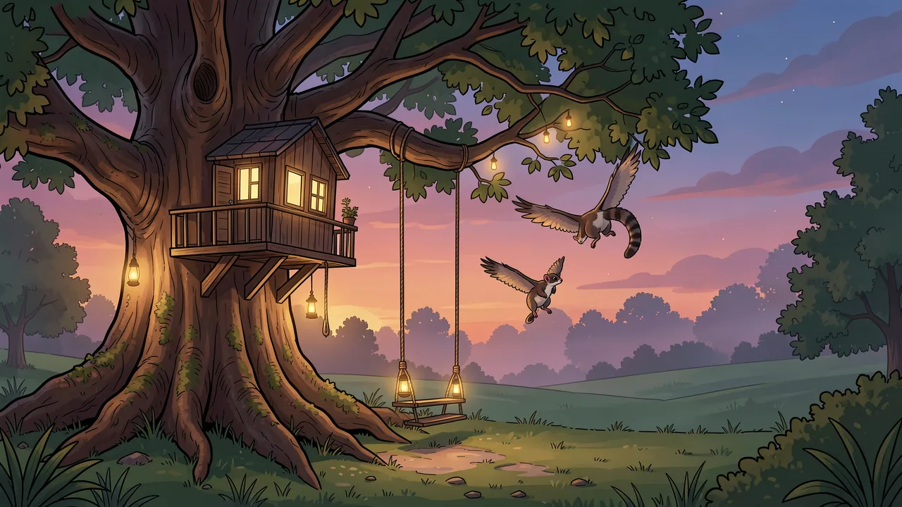 A cozy wooden treehouse in a giant beech tree with lanterns and a rope swing, as sugar gliders glide through the dusk sky