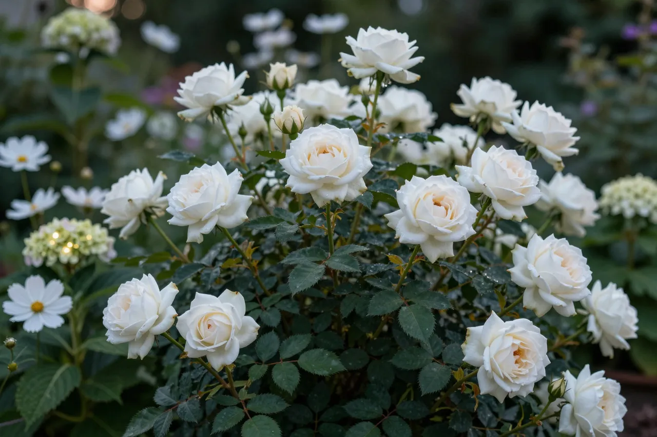 Glowing pale white roses, cosmos and hydrangeas grow in a lush garden at soft dusk