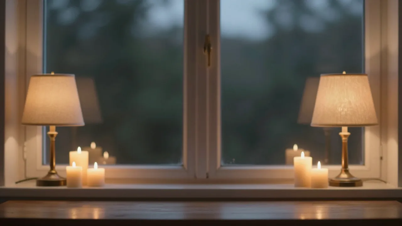 Lit table lamps and glowing candles rest on a window sill overlooking blurred outdoor dusk scenery