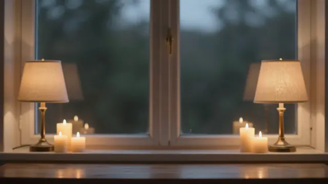 Lit table lamps and glowing candles rest on a window sill overlooking blurred outdoor dusk scenery