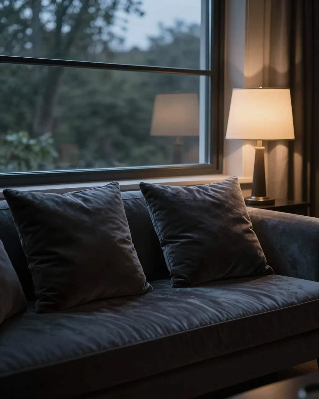 Dark velvet window seat with glowing table lamp next to a tree-framed window at dusk