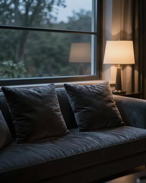 Dark velvet window seat with glowing table lamp next to a tree-framed window at dusk