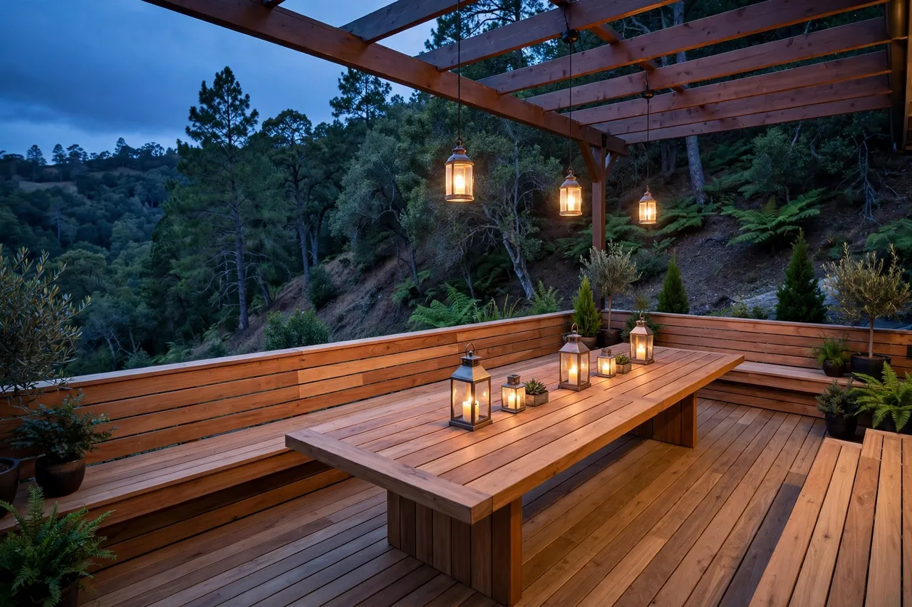 Lit wooden backyard deck with teak table and lanterns overlooking a forested slope at twilight