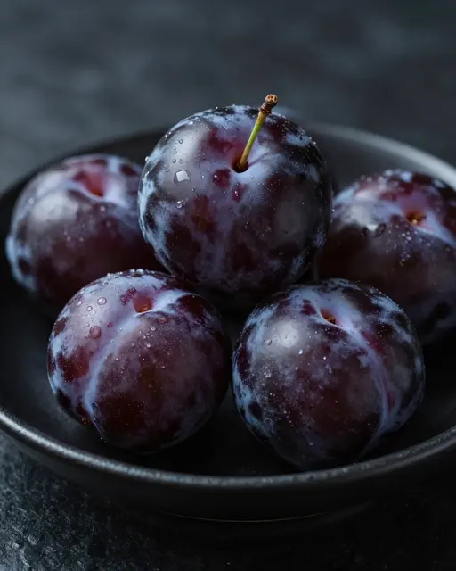 Fresh ripe plums with silvery bloom and water droplets sit heaped in a small black glazed dish