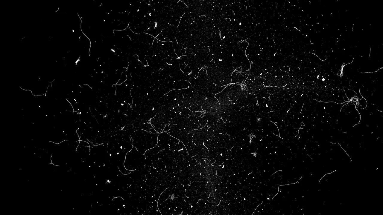 Scattered white dust specks, thin lint fibers and grain sit on a solid pure black background