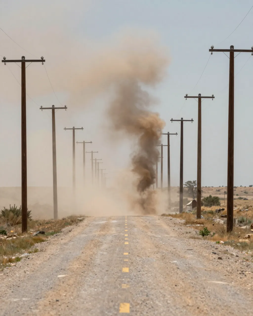 A dusty tornado swirls over an empty gravel prairie road lined with wooden power poles.