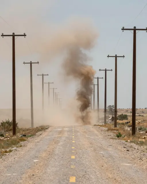 A dusty tornado swirls over an empty gravel prairie road lined with wooden power poles.
