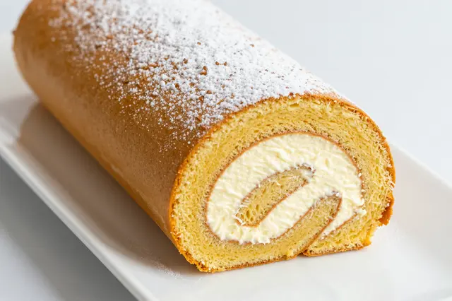 Whole sliced cream filled sponge roll dusted with powdered sugar rests on a white rectangular platter