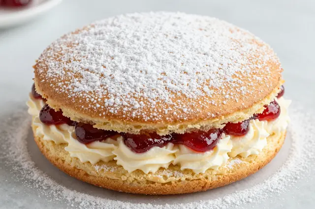 Whole victoria sponge cake layered with cream and jam, dusted with powdered sugar on a light surface