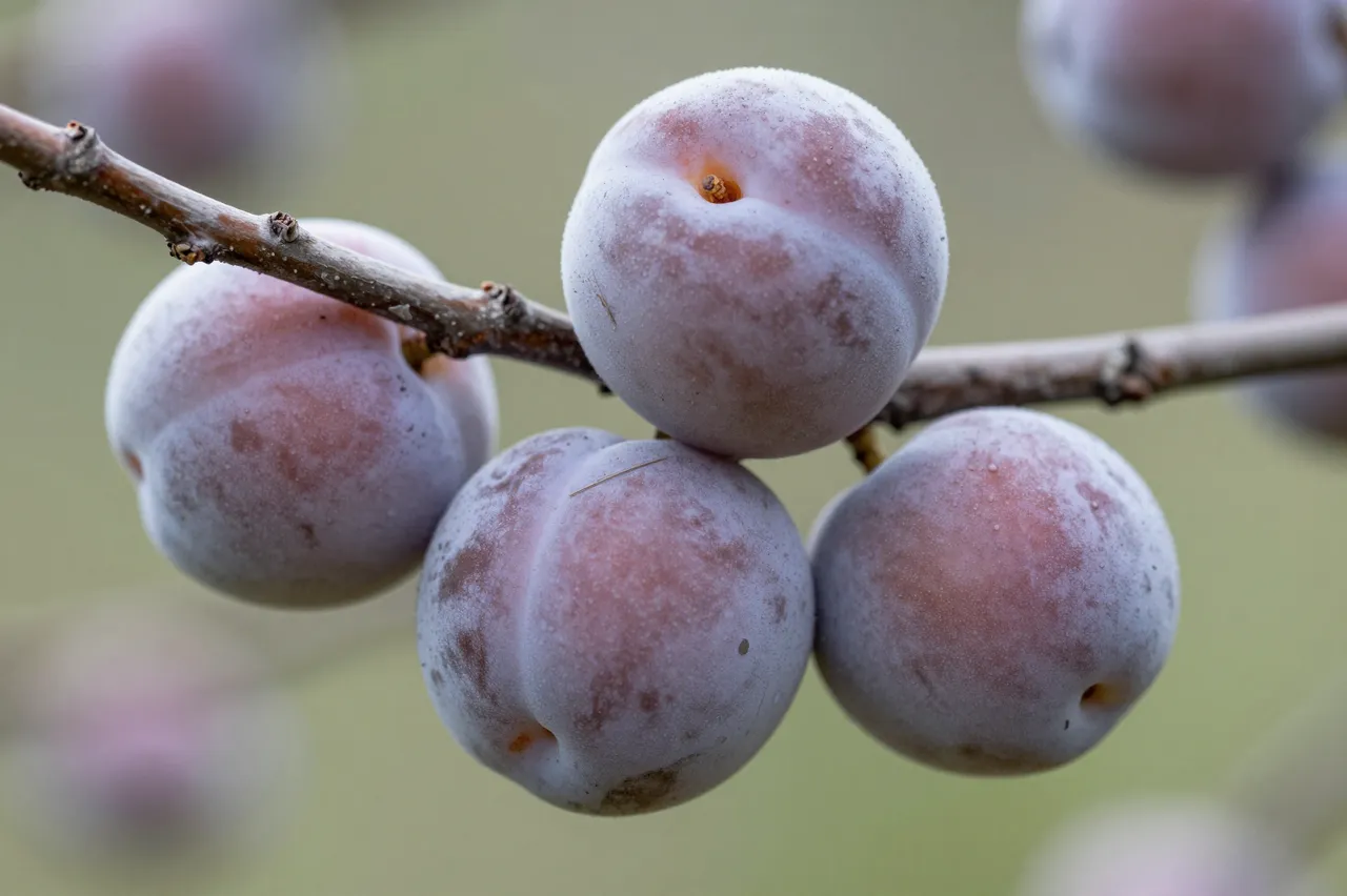 Close-up of ripe plums with natural powdery bloom clustered on a thin tree branch