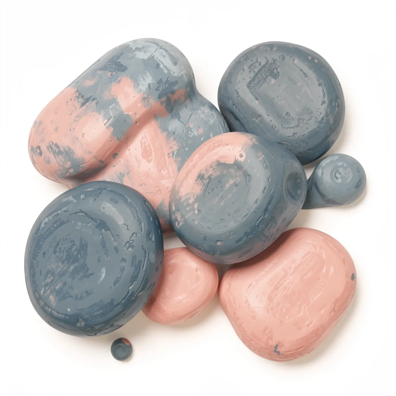 Overlapping irregular hand-painted textured pebble blobs in dusty blue and blush pink sit on a warm white background