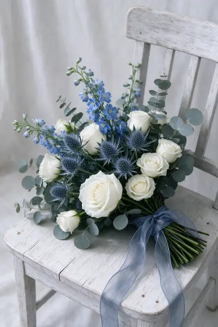 Dusty blue and white wedding bouquet resting on a whitewashed wooden chair against a light linen backdrop